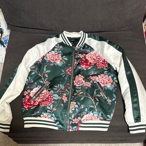 Forever 21 Green Floral Bomber Jacket